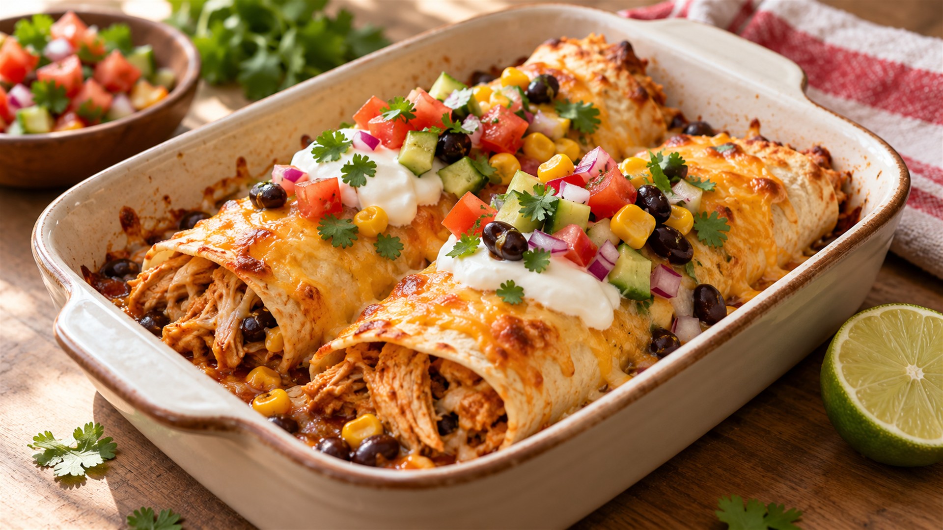 Zapečené enchilady s kuřecím masem a zeleninovou salsou